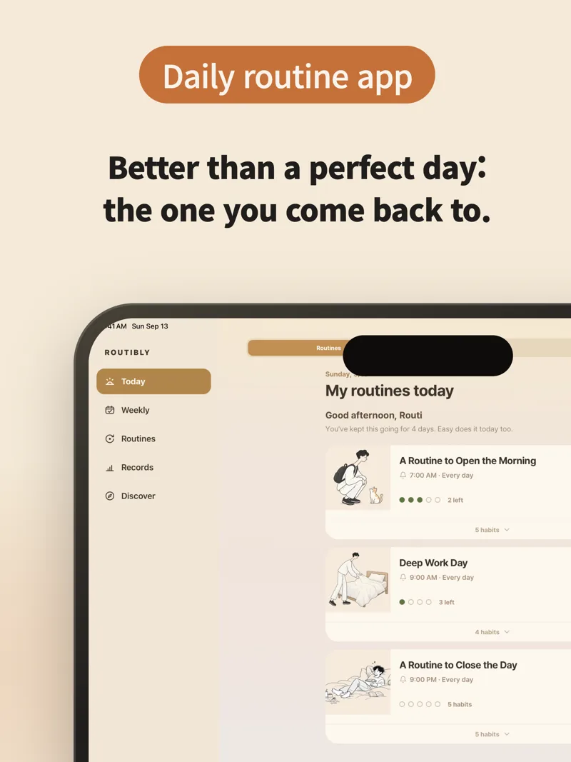iPad with the sidebar beside today's routines