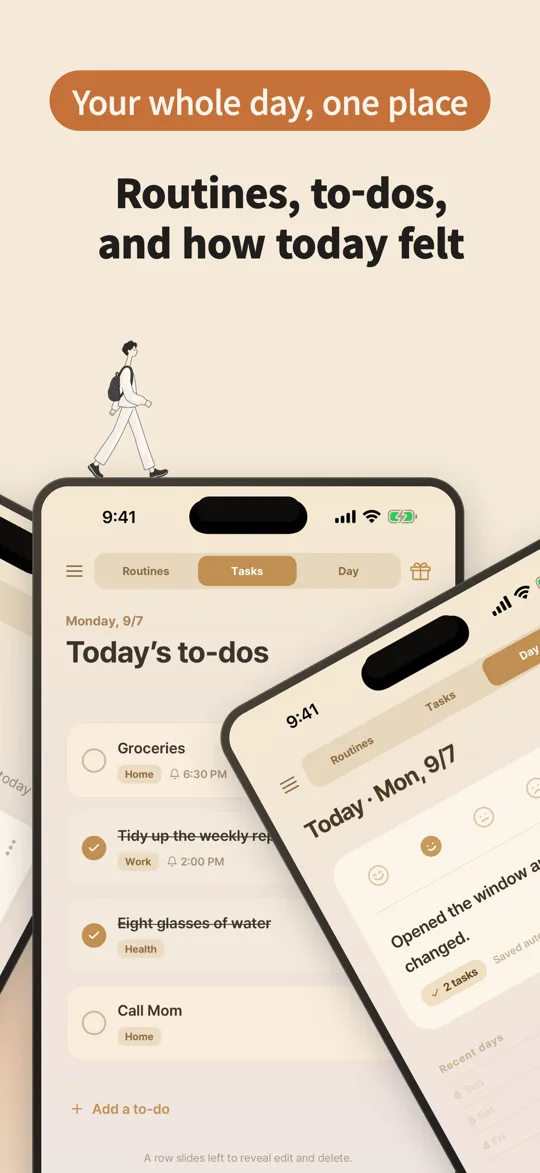 Routines, to-dos, and how today felt — the to-do list and the day's note